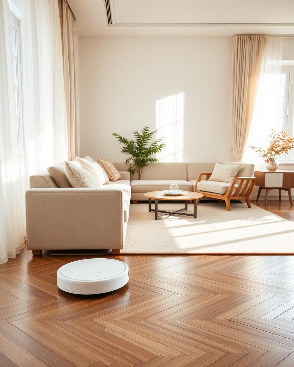 Robot vacuum cleaning a bright modern living room